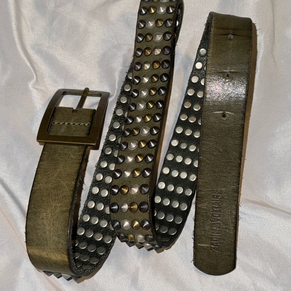 Zadig & Voltaire Olive Green Leather Studded Belt with Metal Buckle size T1 (M)